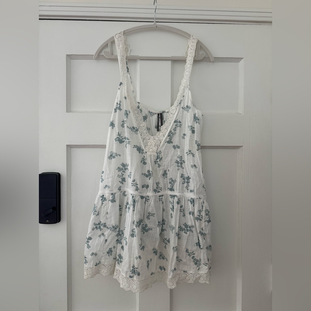 Anthropologie White Mini Dress with Pale Blue Floral Print